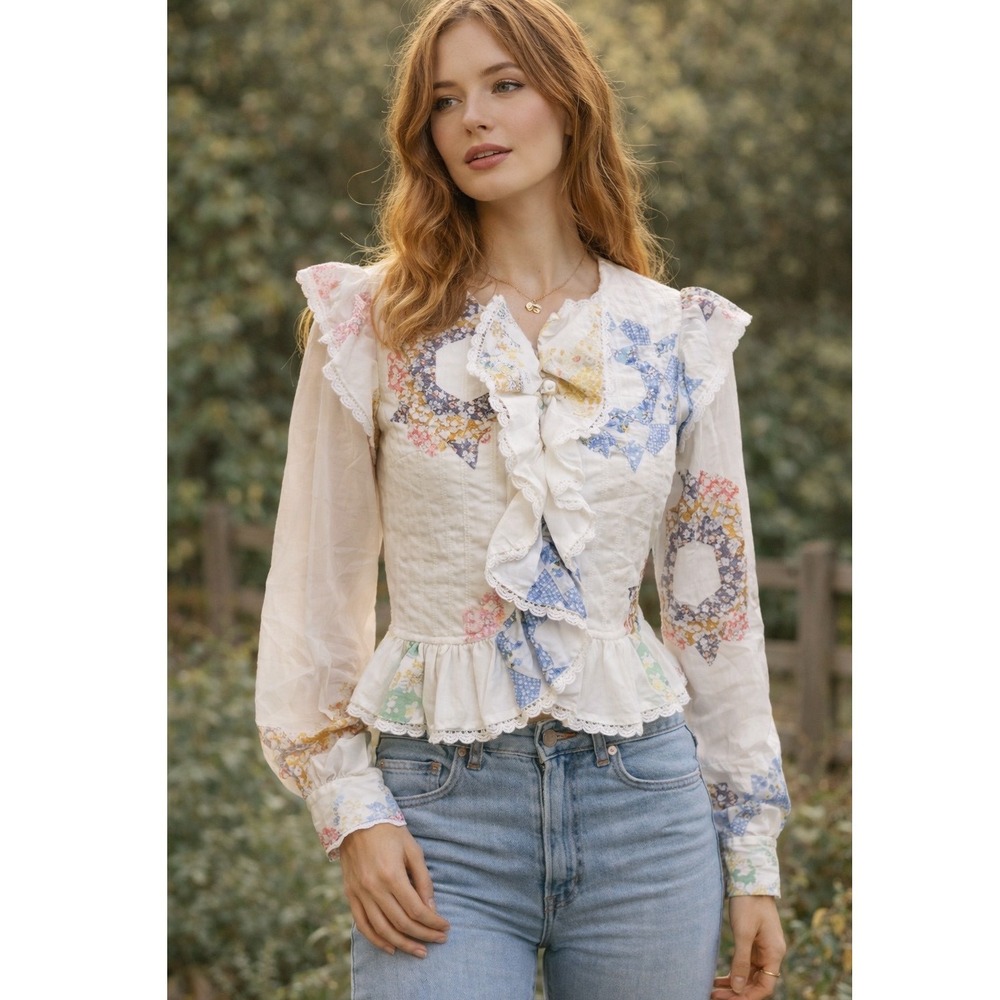 Floral Patchwork Ruffle Peplum Blouse - White
